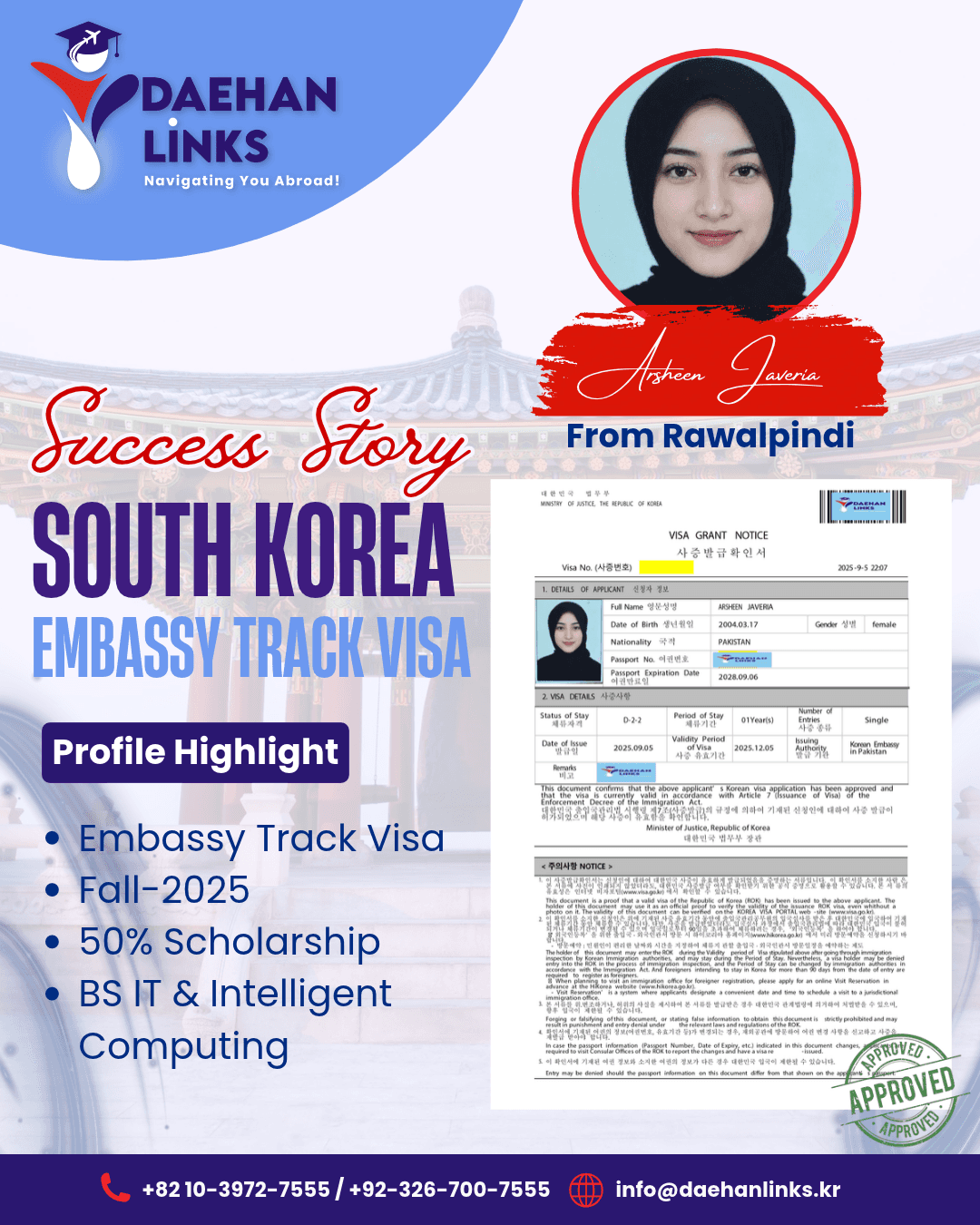 Arsheen Javeria — South Korea Embassy Track Visa success story